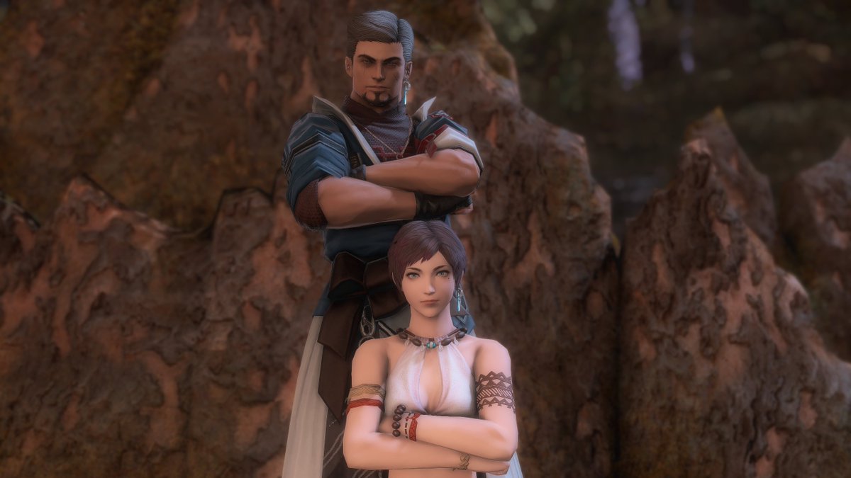 midaresappho's tweet photo. I recently made a new character in xiv and ngl? i'm really happy with how he turned out. Here's a photo of him and his wife. Despite how scary he looks? You should be more afraid of his wife https://t.co/iLHflPVp4s