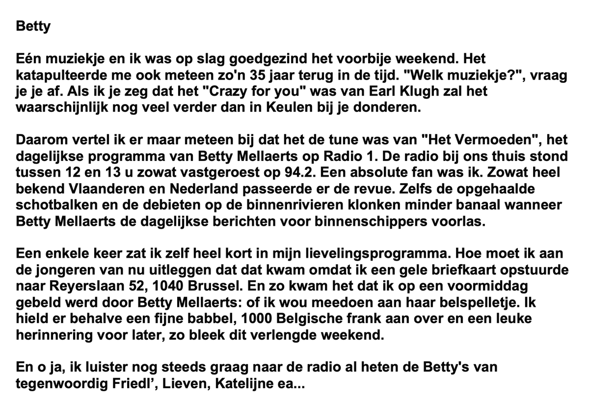 Al mijn leven lang ben ik een fervent radioluisteraar
Schreef er dit "kortje" over
<a href="/FriedlLesage/">Friedl' Lesage</a> @KatelijneBoon <a href="/Lievenvdhaute/">Lieven Vandenhaute</a>
 en vele anderen <a href="/radio1be/">Radio 1</a> <a href="/Klararadio/">Klara</a>
 ea. open.spotify.com/track/1OUSLlfL…