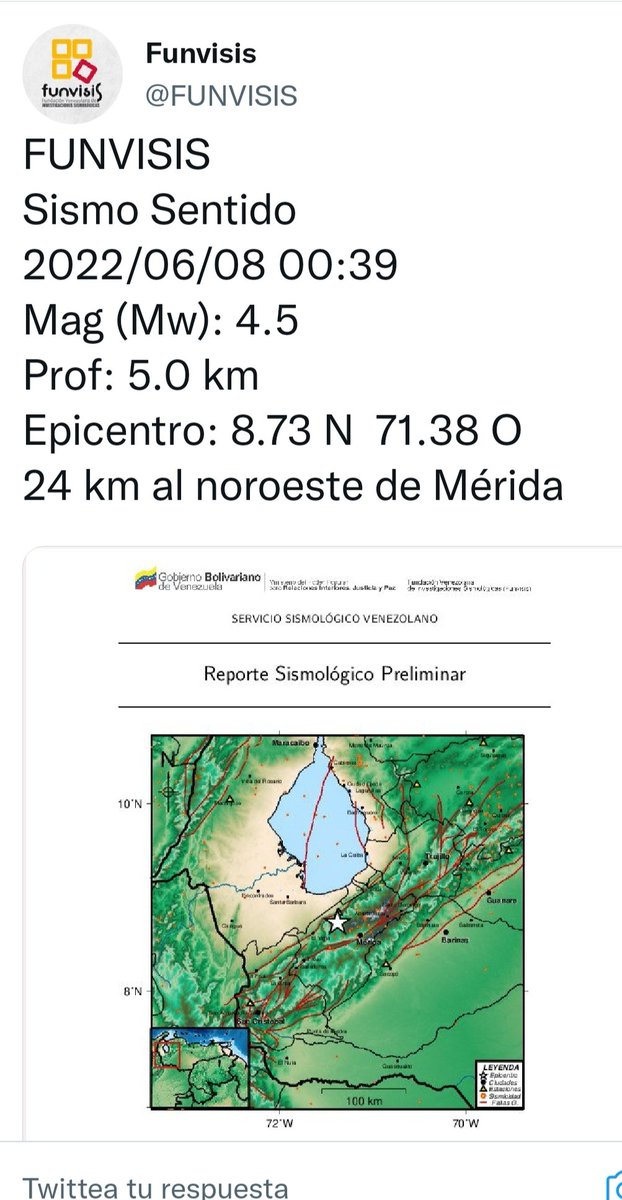 leoperiodista's tweet photo. FUNVISIS
Sismo Sentido
2022/06/08 00:39
Mag (Mw): 4.5
Prof: 5.0 km
Epicentro: 8.73 N  71.38 O
24 km al noroeste de Mérida https://t.co/kKh3igOVnR https://t.co/Tx8fmMD4b5