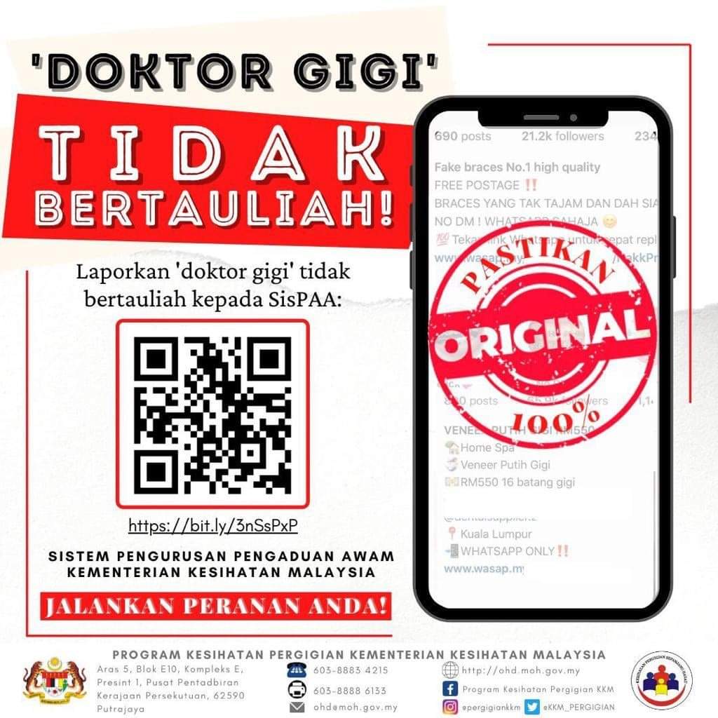 Kalau ada jumpa mana-mana doktor gigi palsu atau mereka yang memberikan perkhidmatan pergigian selain di klinik gigi, segera laporkan ke sini!