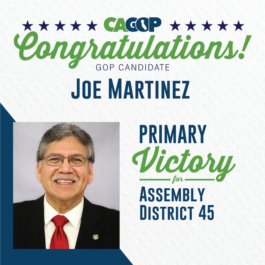 CAGOP's tweet photo. CAGOP congratulates primary winner
Joe Martinez in Assembly District 45! #AD45 #VoteRed https://t.co/Y4SPHW9aaI