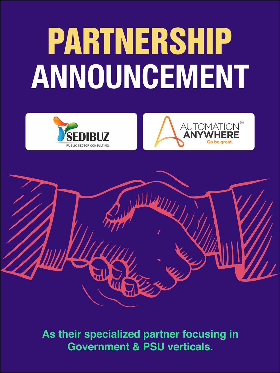 #PartnershipAnnoucement -Glad to share #Sedibuz &amp; <a href="/AutomationAnyIN/">Automation Anywhere India, Middle East & Africa</a> Join Hands!!

 #automation #Sedibuz #publicsector #government #informationtechnology #PublicSector
#automationanywhere #automate2022 #automationindustry