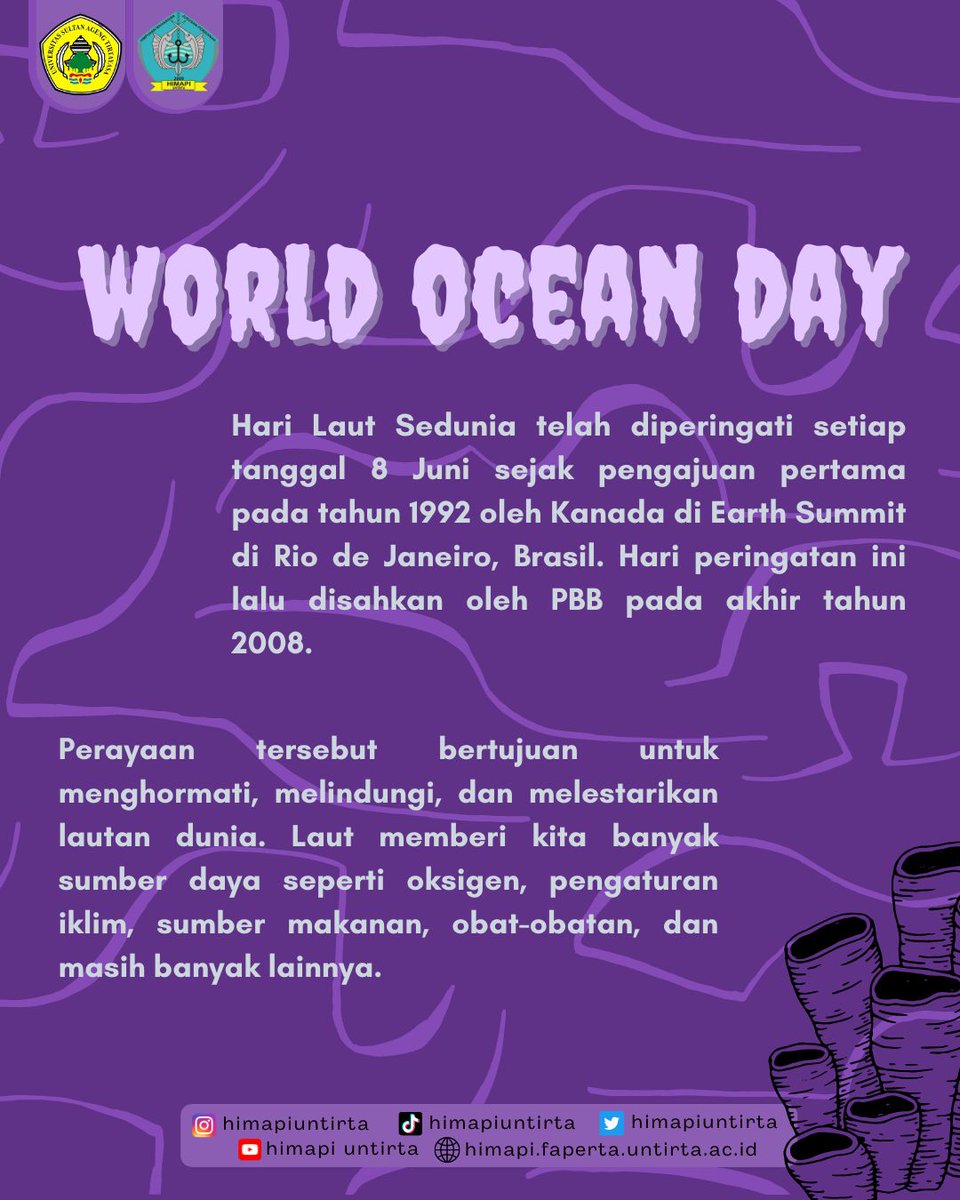 HimapiUntirta's tweet photo. [World Ocean Day]

Hari Laut Sedunia diperingati setiap tanggal 8 Juni. Bertujuan untuk menghormati, melindungi, dan melestarikan lautan dunia. 

#HimapiUntirta
#KabinetBahteraNawasena
#Periode22
#WorldOceanDay https://t.co/47mah7C2JZ