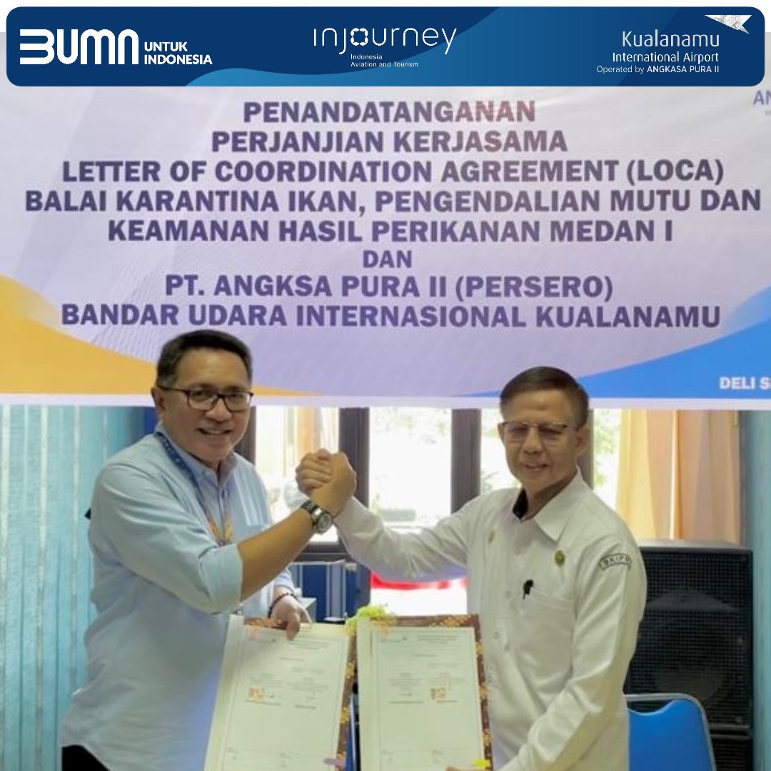 kno_airport's tweet photo. "Diamonds are nothing more than chunks of coal that stuck to their jobs." - Malcolm Forbes.
On Screen : Kegiatan Penandatanganan  Perjanjian Kerjasama Letter Of Coordination Agreement (LOCA) Balai Karantina Ikan,Pengendalian Mutu&amp;Keamanan Hasil Perikanan Medan I &amp; @ap2_kualanamu https://t.co/Y8teBc0coD