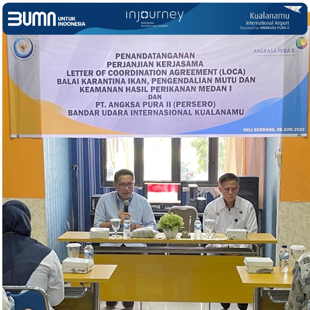 kno_airport's tweet photo. "Diamonds are nothing more than chunks of coal that stuck to their jobs." - Malcolm Forbes.
On Screen : Kegiatan Penandatanganan  Perjanjian Kerjasama Letter Of Coordination Agreement (LOCA) Balai Karantina Ikan,Pengendalian Mutu&amp;Keamanan Hasil Perikanan Medan I &amp; @ap2_kualanamu https://t.co/Y8teBc0coD
