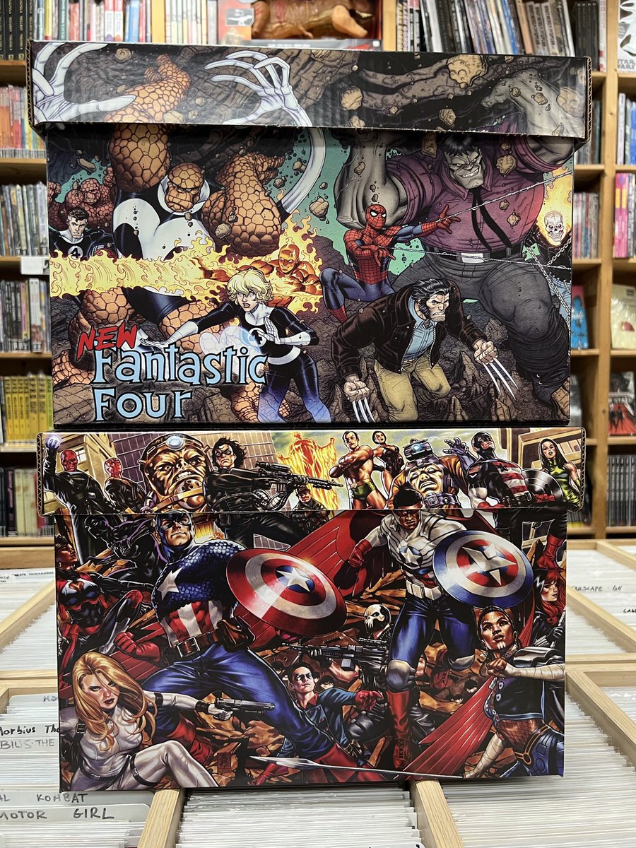ComicsTnT's tweet image. New Fantastic Four and Captain America short comic boxes now in stock! $11.99 each! 😀 #comicbox #shortcomicbox #MarvelComics #Marvel #FantasticFour #CaptainAmerica #ComicsToonsNToys #TustinCalifornia #CTnT