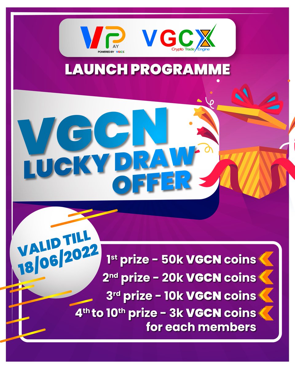 Official announcement of VPAY launch date is 19/06/2022
make use of it and earn with us.....
Offer date is given below........

#venusglobalchain #vgcc #vgcn #vgcp #vpay #vbot #vgcx #luckydraw #offer #blockchaintechnology #cryptocurrency #lifetime #earnmoney #savingmoney