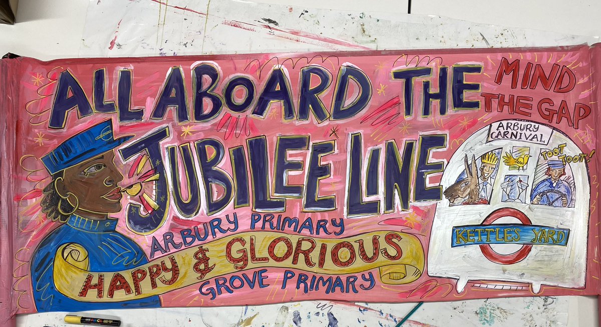 HilCoxCondron's tweet photo. Mind The [Pay] Gap!
All Aboard  the Jubilee Line @ArburyCarnival … as Arbury &amp; Grove Primary Schools parade as rail workers, commuters, politicians &amp; creatives, inspired by the underground route (Bond Street, Bakers Street, Westminster, Waterloo)… 
@arburycarnival @kettlesyard https://t.co/yAEGREzVxx