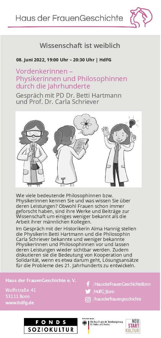 +++ Friendly Reminder +++
Alma Hannig vom #hdfg spricht heute Abend mit PD Dr. Betti Hartmann und Prof. Dr. Carla Schriever über Frauen in der Wissenschaft.
🗓️8. Juni 2022
⏰19:00 Uhr
📍HDFG Wolfstraße 41 Bonn