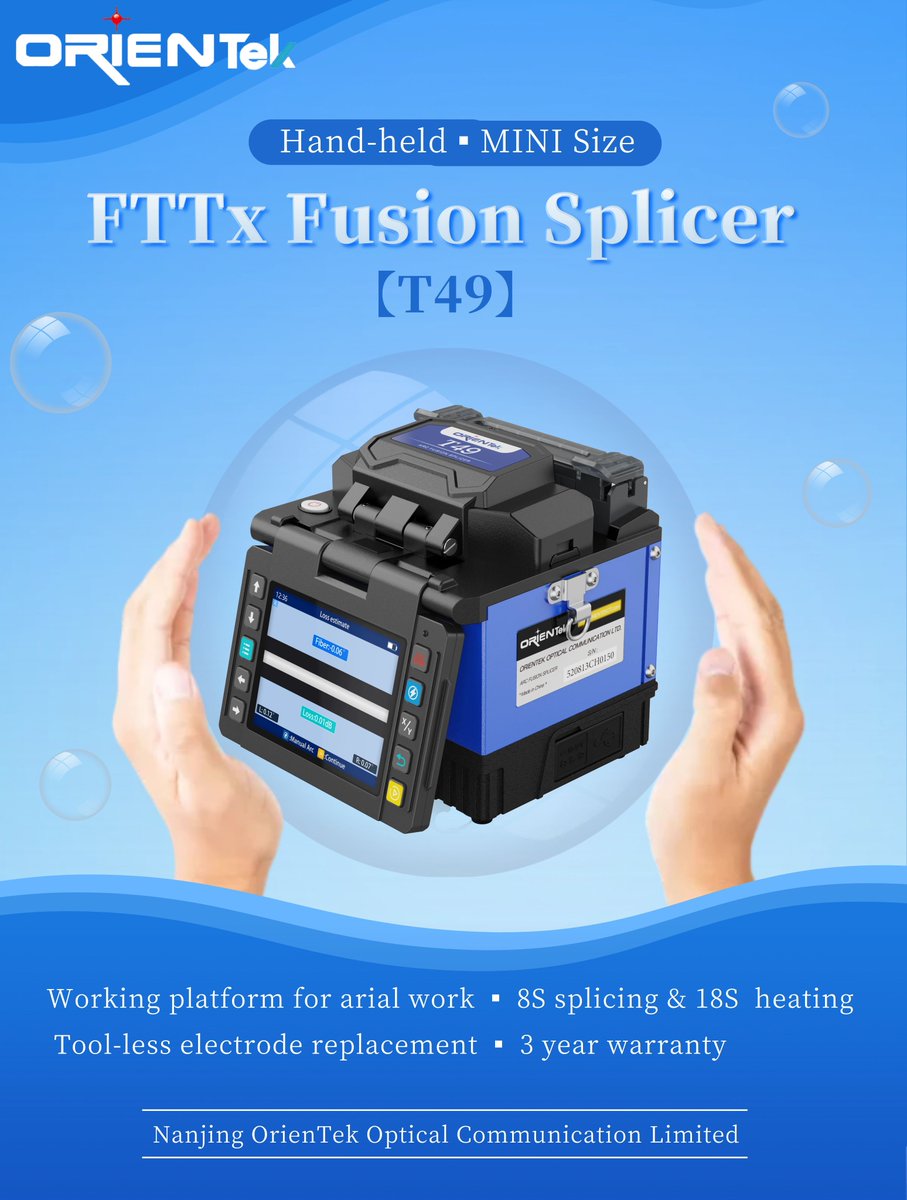 OrientekOptical's tweet photo. Orientek new #FTTx fusion splicer T49 is coming
1. Mini size, light weight
2. Working platform designed for aerial work
3. Optional rich expansibility fiber cleaver operation platform
4. 8s splice &amp; 18s heat
5. Tool-less replace the electrodes
Email: info@orientekot.com
#telecoms https://t.co/0iOgI2yxe2