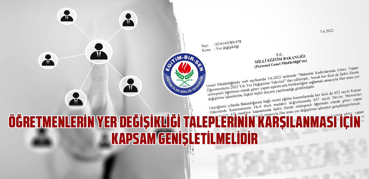 Millî Eğitim Bakanlığı’na başvurarak, farklı illerde sözleşmeli öğretmen olarak görev yapan eşlerin aile birlikteliğini sağlamak amacıyla, yer değiştirme işlemlerinin, 2022 yılı yer değiştirme dönemi içinde gerçekleştirilmesini talep ettik.

▫️ebs.org.tr/manset/5641/og…