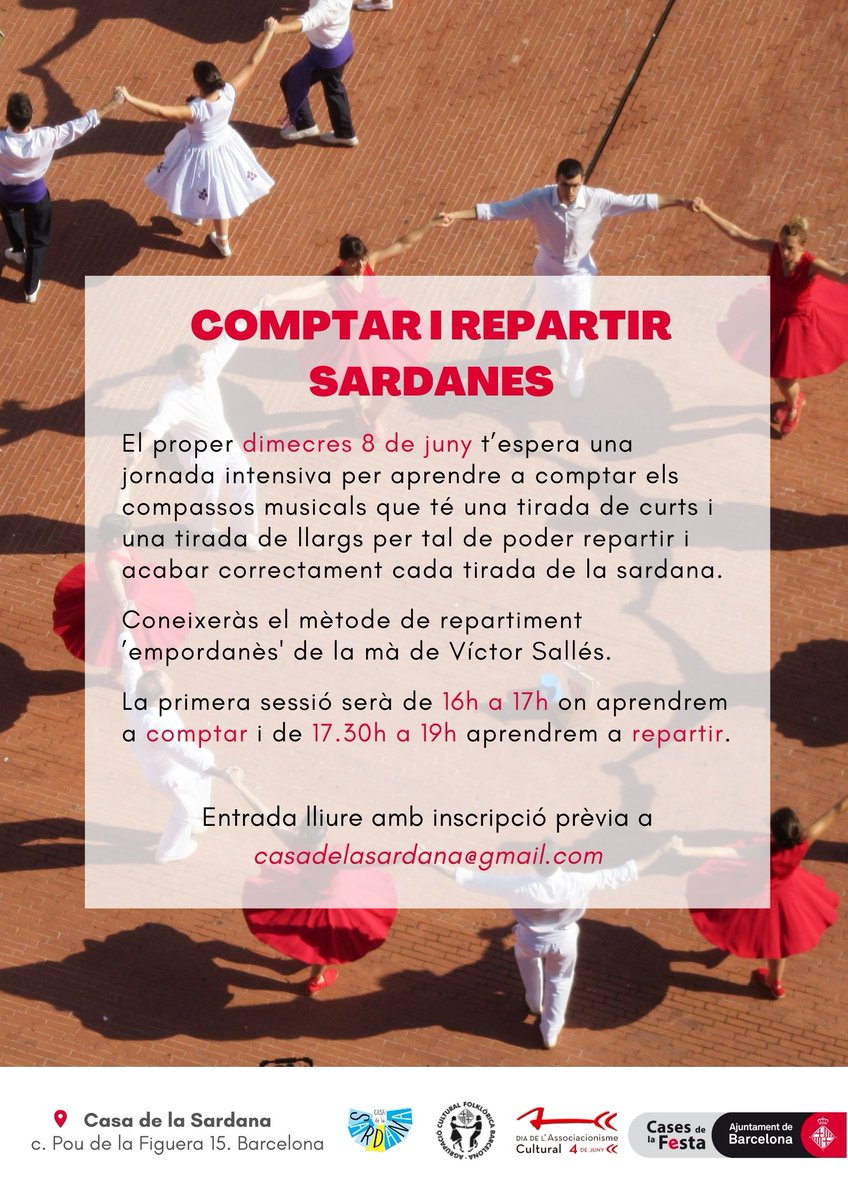 somsardana's tweet photo. Bon dia! Avui seguim celebrant el #DASC2022 a la Casa de la #Sardana amb un curset de comptar i repartir #sardanes @culturapopularbcn @cultura_cat @cultpopular_Cat @bcn_ciutatvella @agendacultural_cat @UCS1958 @ACFBarcelona https://t.co/uj5tp5FbFt