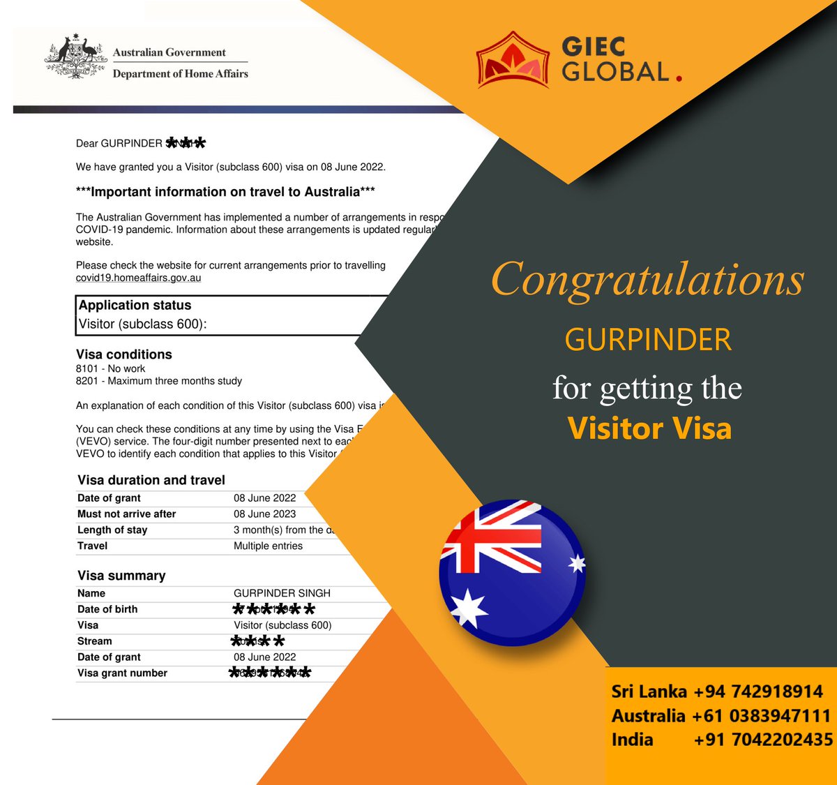 GiecGlobal's tweet photo. ๐๐Heartiest Congratulations to GURPINDER for #Australian #visitorvisa and best wishes to them for their future in Australia๐.
Or Visit our website:
https://t.co/5u7o0fcc6I
#giecglobal #immigration #australia #workpermit #australiaworkpermit #LMIA #AustraliaPR #visitorvisa https://t.co/yVFf4nowYR