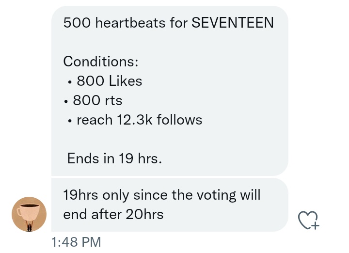 fairy_shuji's tweet photo. DEAL FOR #SEVENTEEN

— 500 HEARTBEATS FOR #SEVENTEEN

Conditions:
— 800 likes
— 800 rts
— must reach 12.3k follows (@hanselpuff )

ends in 19 HOURS ⏰ https://t.co/ZHDFuaLATr
