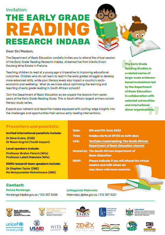 DBE_SA's tweet image. Good morning 🙂

Join us today from 09h00 for the Early Grade Reading Research Indaba, where we'll be unpacking the lessons learned from 7 years of the Early Grade Reading Study.

The #EGRSIndaba will be streamed lived on our YouTube channel: youtube.com/user/DBESouthA…