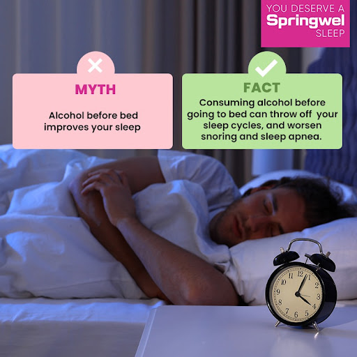 springwel's tweet photo. This is a most common Myth amongst people, in turn, the quality of your sleep under the influence of alcohol is terrible and will disturb your sleep cycle causing sleep apnea and important sleep deep cycles are missed.

#Springwel #Springwelmattress #mythvsfact #sleepcycle https://t.co/qasWk4MPEK