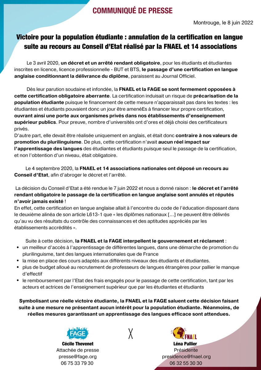 La_FNAEL's tweet photo. #Certification | Annulation ❌ de la certification en #langue anglaise suite au recours au @Conseil_Etat  réalisé par @La_FNAEL et 14 associations : victoire pour le réseau de @La_FAGE 🎉

Retrouvez notre communiqué de presse : https://t.co/RMEQRnFURF https://t.co/xaAxH0e5jr