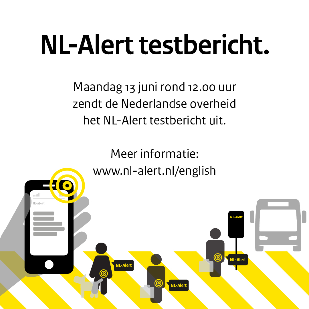 VrZW's tweet image. Volgende week maandag, 13 juni rond 12:00 uur zendt de overheid een #NLAlert testbericht uit in heel Nederland. Het NL-Alert testbericht ontvang je op je mobiel. Zo kun jij ervaren hoe het is om een NL-Alert te ontvangen. Meer info? 👉 bit.ly/3xnaJvg