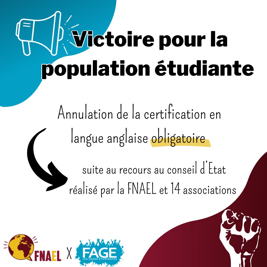 La_FNAEL's tweet photo. #Certification | Annulation ❌ de la certification en #langue anglaise suite au recours au @Conseil_Etat  réalisé par @La_FNAEL et 14 associations : victoire pour le réseau de @La_FAGE 🎉

Retrouvez notre communiqué de presse : https://t.co/RMEQRnFURF https://t.co/xaAxH0e5jr