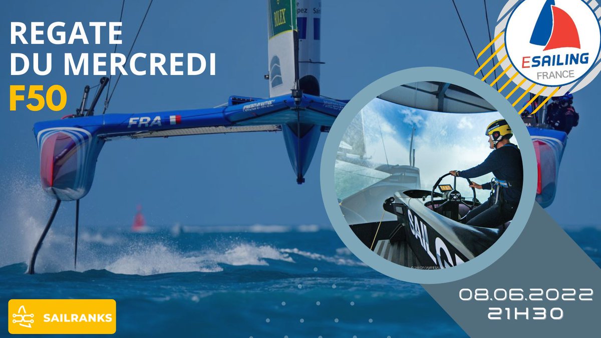 EsailingFrance's tweet photo. #VRInshore 
N'oubliez pas de vous inscrire pour la régate du mercredi en F50 sur @VirtualRegatta avec @sailranks . @SailGPFRA @SailGP . #esailgp #esailing #esport https://t.co/cmsafTqo6s