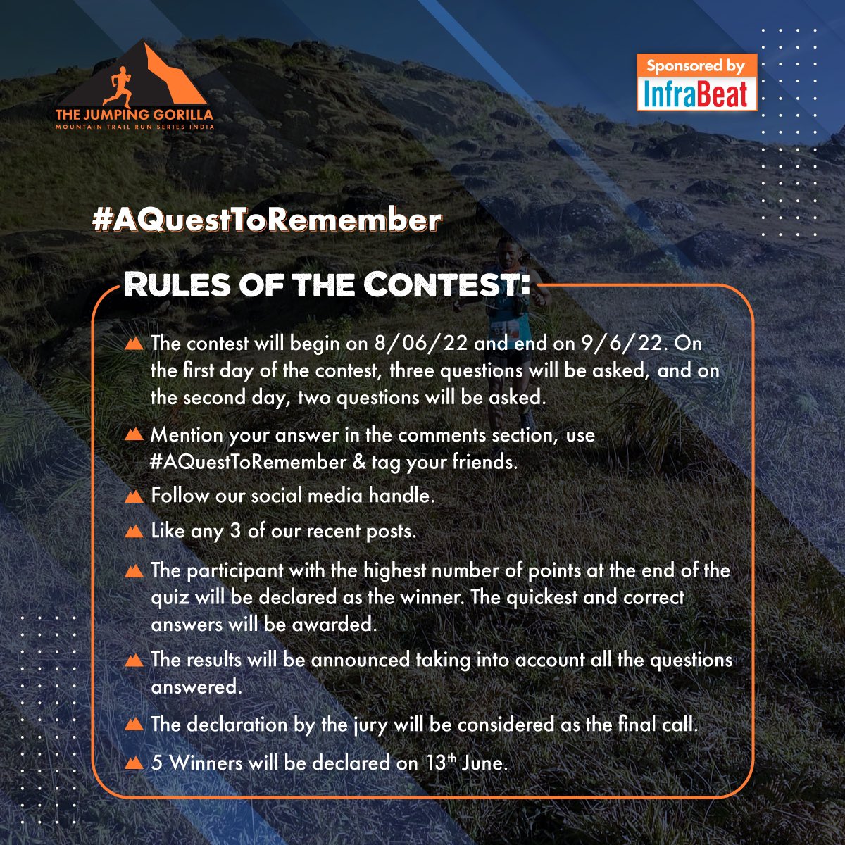 jumping_run's tweet photo. Hello, champions!
The Great Mawla Ghati Trivia contest starts today!
Please read all of the rules and regulations carefully.
Kindly reach out to us in case of any doubts. All the best everyone!
#thejumpinggorilla #UTMBworldseriesqualifier #Contenstalert https://t.co/8v29xRNTdf