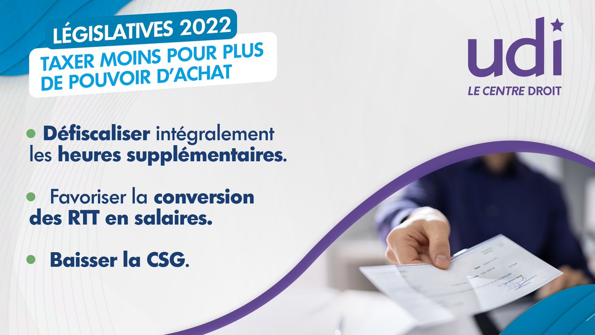 UDI_off's tweet photo. #legislatives2022  [Nos mesures]

▶️TAXER MOINS POUR PLUS DE POUVOIR D'ACHAT
▪️Défiscaliser intégralement les heures supplémentaires.
▪️Favoriser la conversion des RTT en salaires.
▪️Baisser la CSG. https://t.co/TWIu9m9Gbr