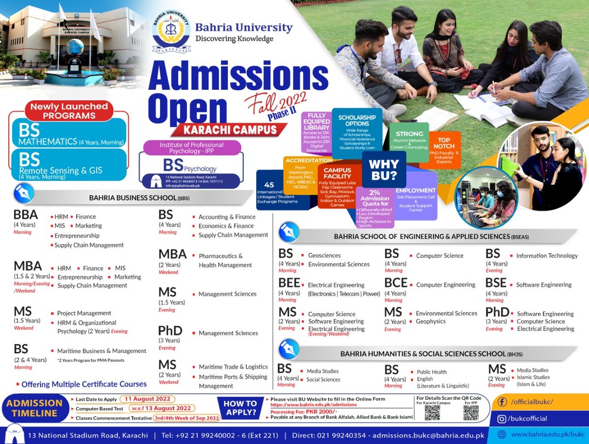 officialbukc's tweet image. ADMISSIONS OPEN
FALL 2022 (PHASE II)
Admissions are open in Bahria University Karachi Campus for Undergraduate, Graduate &amp;amp; Postgraduate Programs.

#WeWelcomeYouToBU
#AdmissionsFall2022 #Fall2022
#Admissions #BahriaUniversity #Karachi #Campus #PhD #BUKC #bachelor #naval