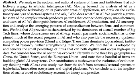 JMateosGarcia's tweet photo. "The evolutionary dynamics of the Artificial Intelligence ecosystem"
This paper shows the value of bringing an evolutionary perspective into the economics of AI. Without it, it is hard to make sense of its trajectory and impacts.
Key points:
https://t.co/7z1VCJHr3a
#econai https://t.co/v2wyMjtGay