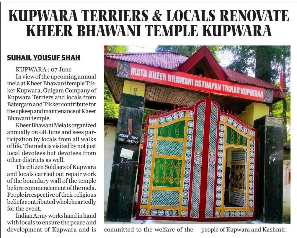 MMajloon's tweet photo. Photo from Majid In view of the upcoming annual mela at Kheer Bhawani temple Tikker Kupwara Terriers and locals contribute for the upkeep and maintenance of Kheer Bhawani temple.
#indianarmyinkashmir
#nayakashmir
#clx
#KupwaraTerriers
#08JUN22KT https://t.co/a5XgAY1Ct5