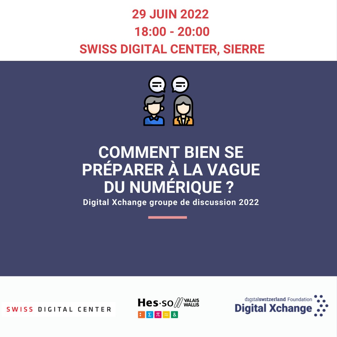 Le 29 juin, participez aux groupes de discussions publiques "digital Xchange" organisés par la <a href="/hessovalais/">hessovalais</a>, la fondation <a href="/dgt_switzerland/">digitalswitzerland</a> et le <a href="/TPoleSierre/">Swiss Digital Center</a>
Infos et inscriptions : bit.ly/3MtnwAQ
#digital #transformation