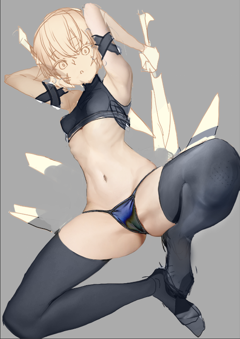 当初はもっと骨っぽかったのですがアンバランスに感じたので最終的に柔らかいアウトラインに変更しました。技術的に僕の持てるテクスチャワークの統括として描いたので特に足回りのテクスチャはある程度独自性出せたんじゃないかなーと思ってますいい悪いは別として。ナイフは全て3D、モデルもDAZ→ 