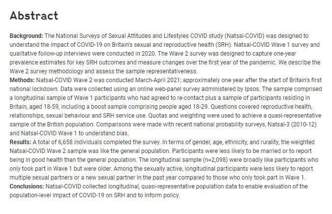 NatsalStudy's tweet image. Would you like to know more about how to conduct #SexResearch in the middle of a pandemic? 
Check out our paper on the methodology of the #NatsalCovid study (Wave 2).

🔓wellcomeopenresearch.org/articles/7-166…

#surveymethods #covid19