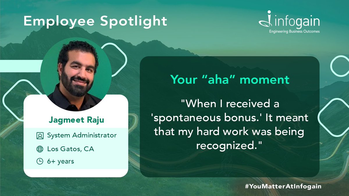 Infogain's tweet photo. What do you get when you mix a singer and a recorded artist, a Punjabi at heart and foodie by choice, and an avid tennis &amp; basketball fan? A #dynamic personality like our very own Jagmeet Raju, System Administrator at Infogain’s Los Gatos office!
#YouMatterAtInfogain https://t.co/QA3MZF6UPf