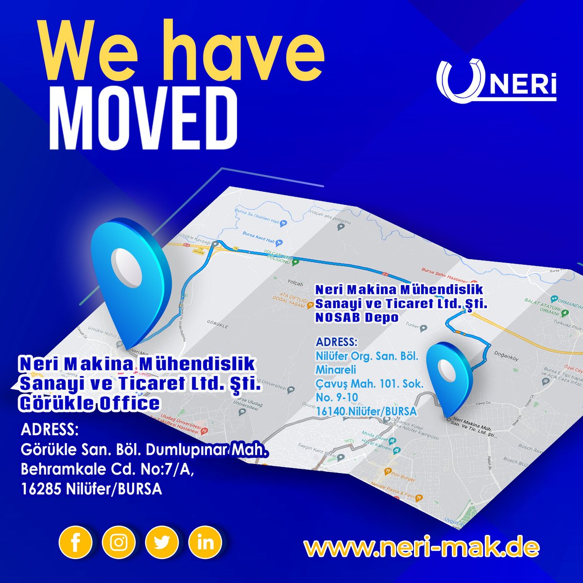 neri_ltd's tweet photo. We have MOVED!

Neri Makina Mühendislik Sanayi ve Ticaret Ltd. Şti. Görükle Office
ADRESS:
Görükle San. Böl. Dumlupınar Mah. Behramkale Cd. No:7/A, 16285 Nilüfer/BURSA

PHONE:
+90 224 483 25 25

EMAIL:
info@neri.com.tr

#WireMeshBaskets #wirebasket #Schüttgutkörbe  #paniersenvrac https://t.co/wn8Cwi3gd6