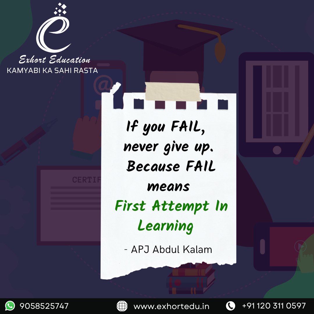 EducationExhort's tweet photo. Failure is bad and that you should avoid it at all costs. However, one of the best quotes by APJ Abdul Kalam sir, inspires us: "If you fail, never give up." Because FAIL means "First Attempt In Learning,"
#instamotivation #motivationmonday #mitivation #exhorteducation https://t.co/Em9Doutn42