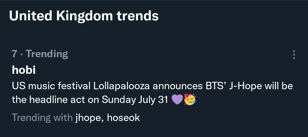 JHope_UK's tweet photo. Hobi is trending at 7 in UK Trends as well! 💜

@BTS_twt #jhope https://t.co/yiVLjGhfBc