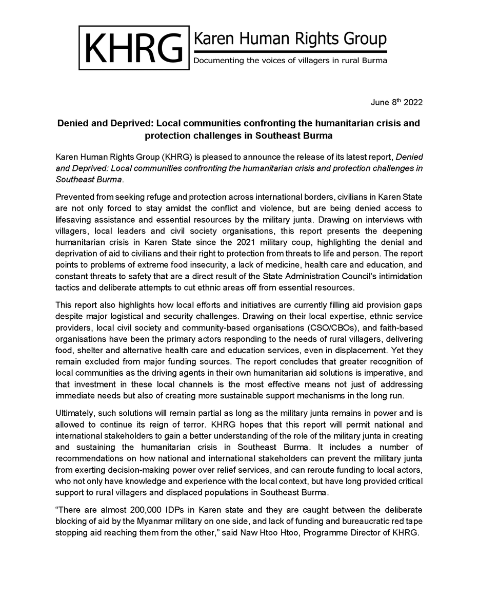 khrg's tweet photo. 🔎[Press Release]

Prevented from seeking refuge across international borders, civilians in Southeast Burma are not only forced to stay amidst the conflict, but are being denied access to lifesaving assistance services by the military junta.

Full report👉https://t.co/7rV8kNacVB https://t.co/IFBc5SRQ5U