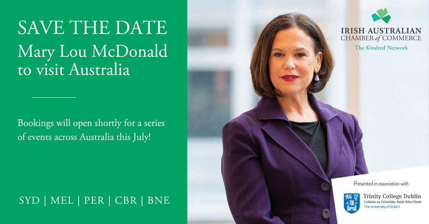 Leader of the Opposition and President of <a href="/sinnfeinireland/">Sinn Féin</a> to speak at a number of <a href="/IrishChamber/">IrishChamber</a> events across Australia in July.
Pre-register now, bookings open shortly.
For SYD details, visit irishchamber.com.au/civicrm/event/… and MEL details, irishchamber.com.au/civicrm/event/… - PER, CBR, BNE soon!