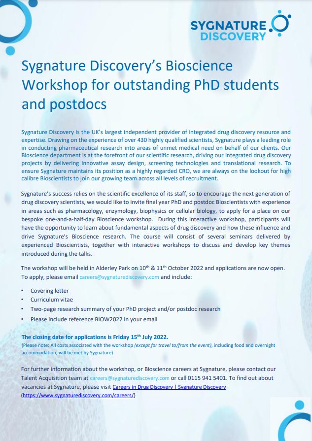 LRosethorne's tweet photo. Great opportunity for ECRs to learn more about Drug Discovery this October with ⁦@SygnatureDiscov⁩ https://t.co/VWO92o2CEU