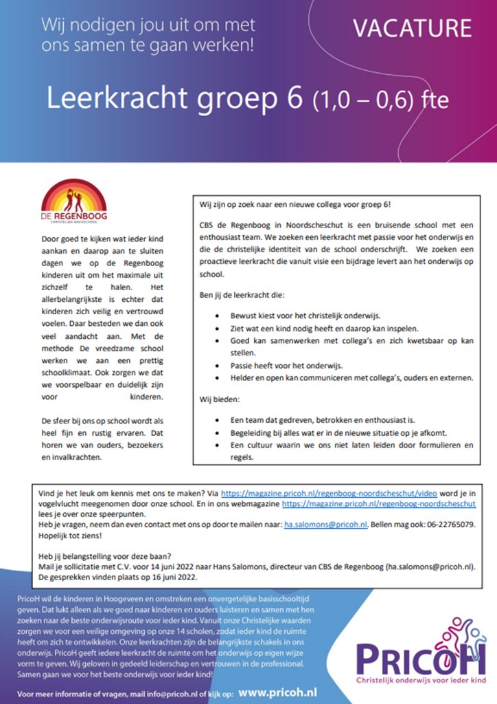 Vacature leerkracht De Regenboog Noordscheschut