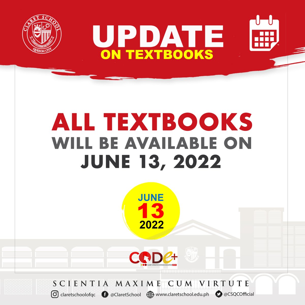 CSQCOfficial's tweet photo. UPDATE ON TEXTBOOKS.
Please share.

#ChooseClaret
#ChooseKnowledgeWithVirtue
#CODEPlus https://t.co/i0fwa47unu