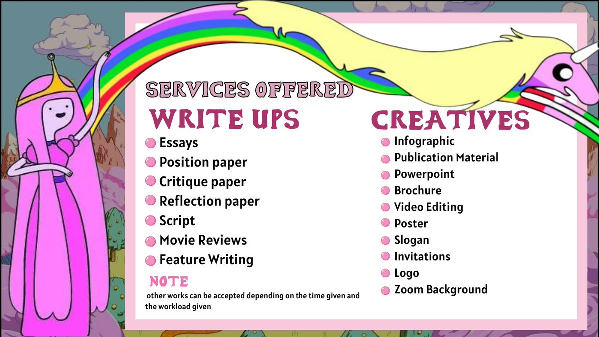 AcadVentureTime's tweet photo. Don't forget to read the terms and conditions, our dear Acadventurers! We are accepting other services depending on the deadline and the workload that you will give. That’s our deal! ٩(˘◡˘)۶ https://t.co/ttmtG1rc7a