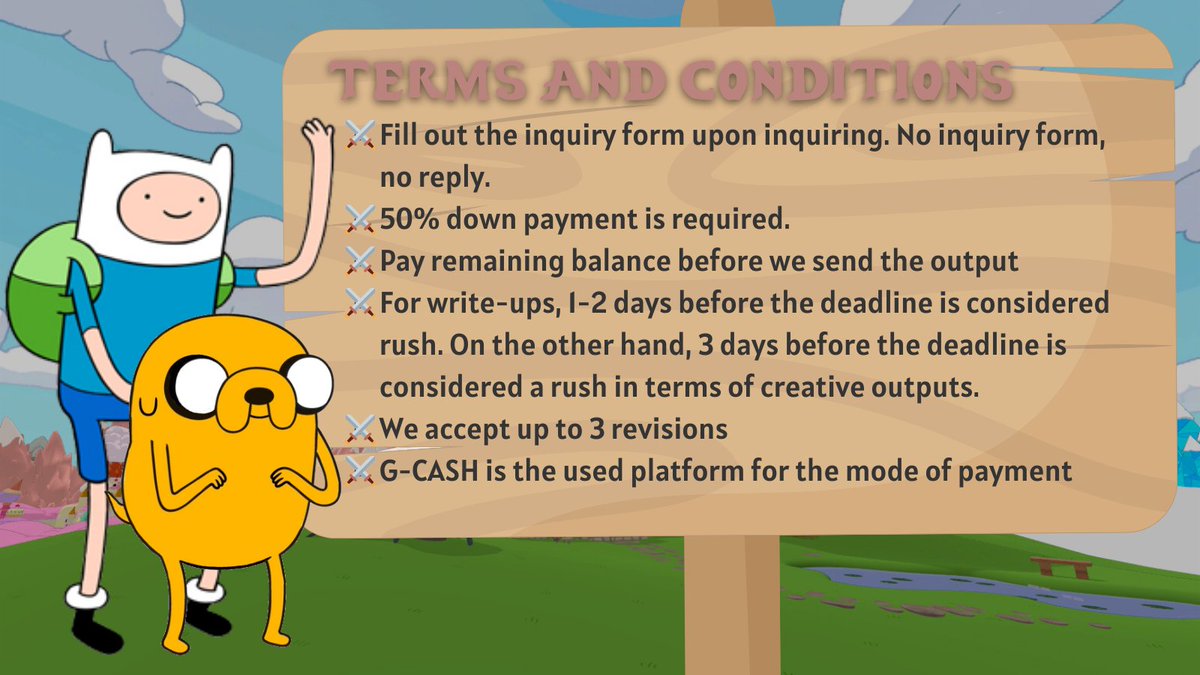 AcadVentureTime's tweet photo. Don't forget to read the terms and conditions, our dear Acadventurers! We are accepting other services depending on the deadline and the workload that you will give. That’s our deal! ٩(˘◡˘)۶ https://t.co/ttmtG1rc7a