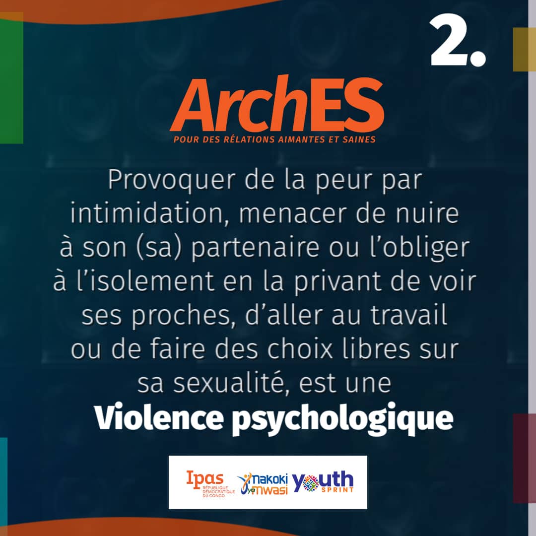 GloriaMwepu's tweet photo. #ARCHES: Le fait de provoquer de la peur par intimidation, de menacer de nuire à son (sa) partenaire, de l'obliger à l'isolement en lui privant d'aller au travail ou de l'empêcher de faire des choix libres sur sa sexualité est une violence psychologique #StopVBG
@MakokiYaMwasi https://t.co/RWzEEKNh3o