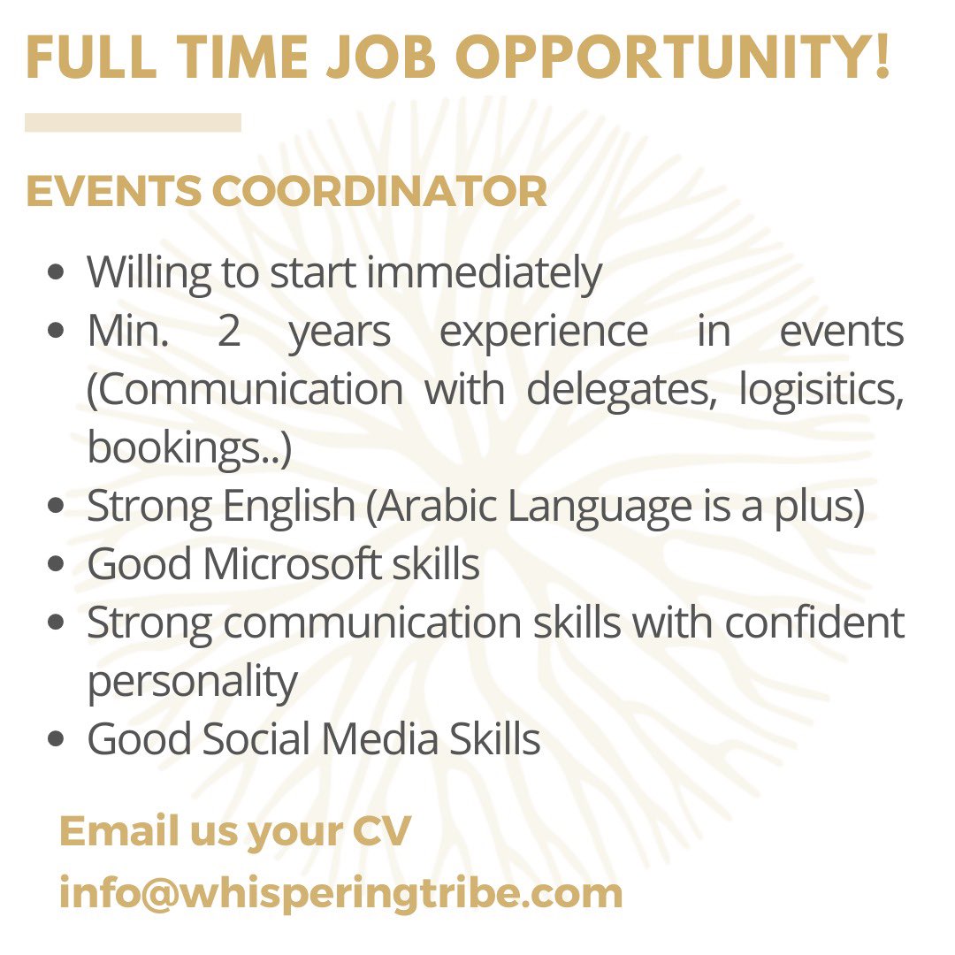 EventsUbar's tweet photo. New Job opportunity! Please submit your resume to info@whisperingtribe.com 
Only applications with events experience will be evaluated.
#omanjobs #jobopportunity #omancareers #jobsoman #eventsinoman https://t.co/lBbi0ELMeK