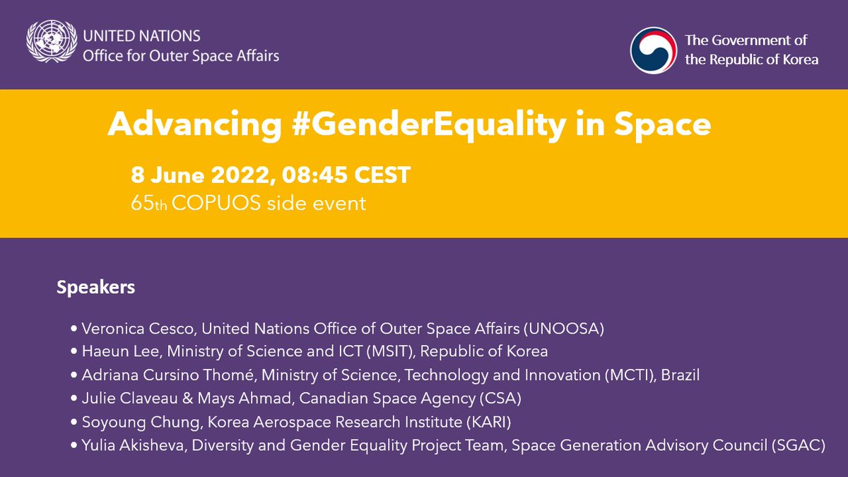 UNOOSA's tweet photo. 🚨The online side event at #COPUOS65 on Advancing #GenderEquality in Space starts in 15 minutes.
The event organized by #UNOOSA and the Republic of Korea🇰🇷 will explore pathways to building a more inclusive and diverse #space sector.
Join us now!
💻https://t.co/rEVpqNIHCi https://t.co/0HWCoeBECl