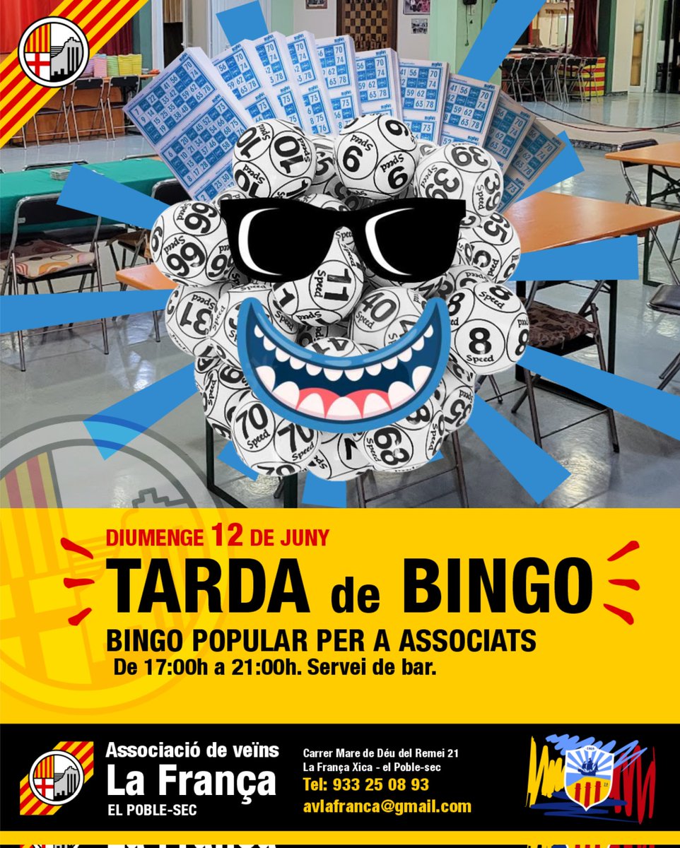 Aquest diumenge a l'Associació tornem a fer una tarda de bingo pels socis de 17:00 a 21:00.
💛✊➕ #avlafrança #poblesec