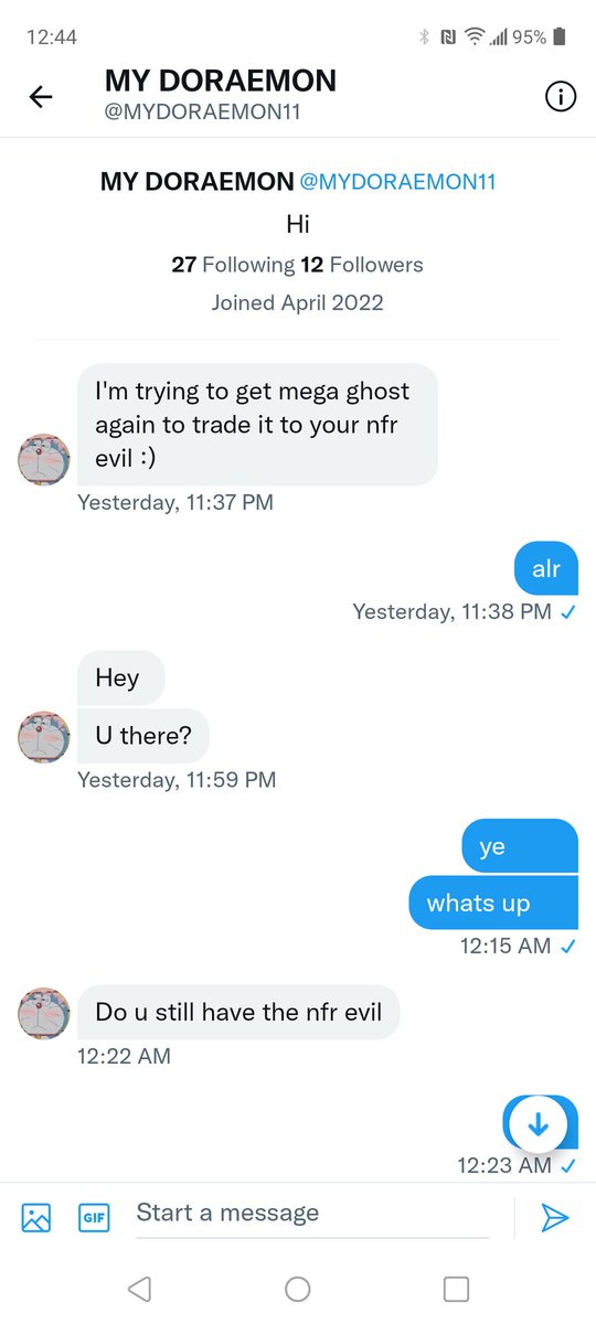 CloudyXD__'s tweet photo. @mydoraemon11 is a scammer and time waster.

Spent literally the WHOLE DAY talking to me about pointless things, and once i FINALLY joined him, he said he didn't have the pet on 'this' account, on his other one. its 1:38am and im quacking tired. https://t.co/aW8UoLrrzG