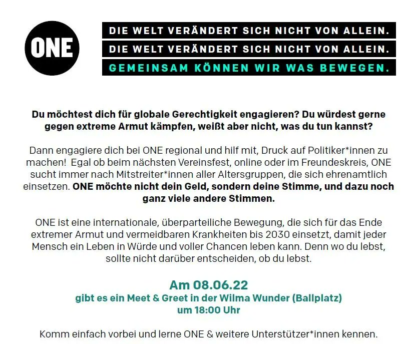 ONEDeutschland's tweet photo. 📢 An alle unsere Mainzer*innen: Wir suchen ehrenamtliche Regionalbotschafter*innen! Wenn du Lust hast, dich mit uns für globale Gerechtigkeit einzusetzen, komm heute zu unserem Treffen in #Mainz! 👉  https://t.co/bcCG3OAOWv https://t.co/j7yjWLeCGI