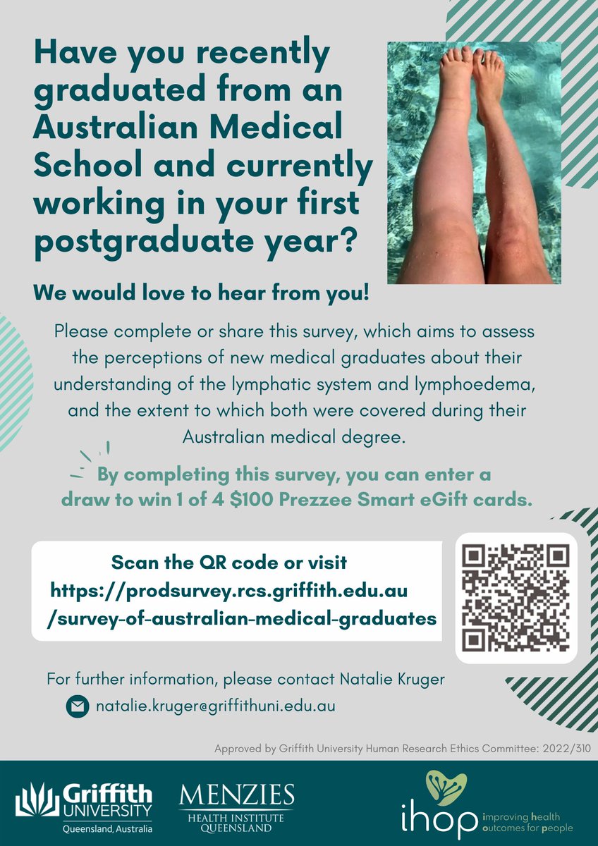 Are you a #doctor working in your first postgraduate year? 🏥
Would you be willing to share your thoughts around #curricula specific to the #LymphaticSystem and #lymphoedema, included in your Australian #MedicalDegree? 🎓
Online survey available now prodsurvey.rcs.griffith.edu.au/survey-of-aust…
